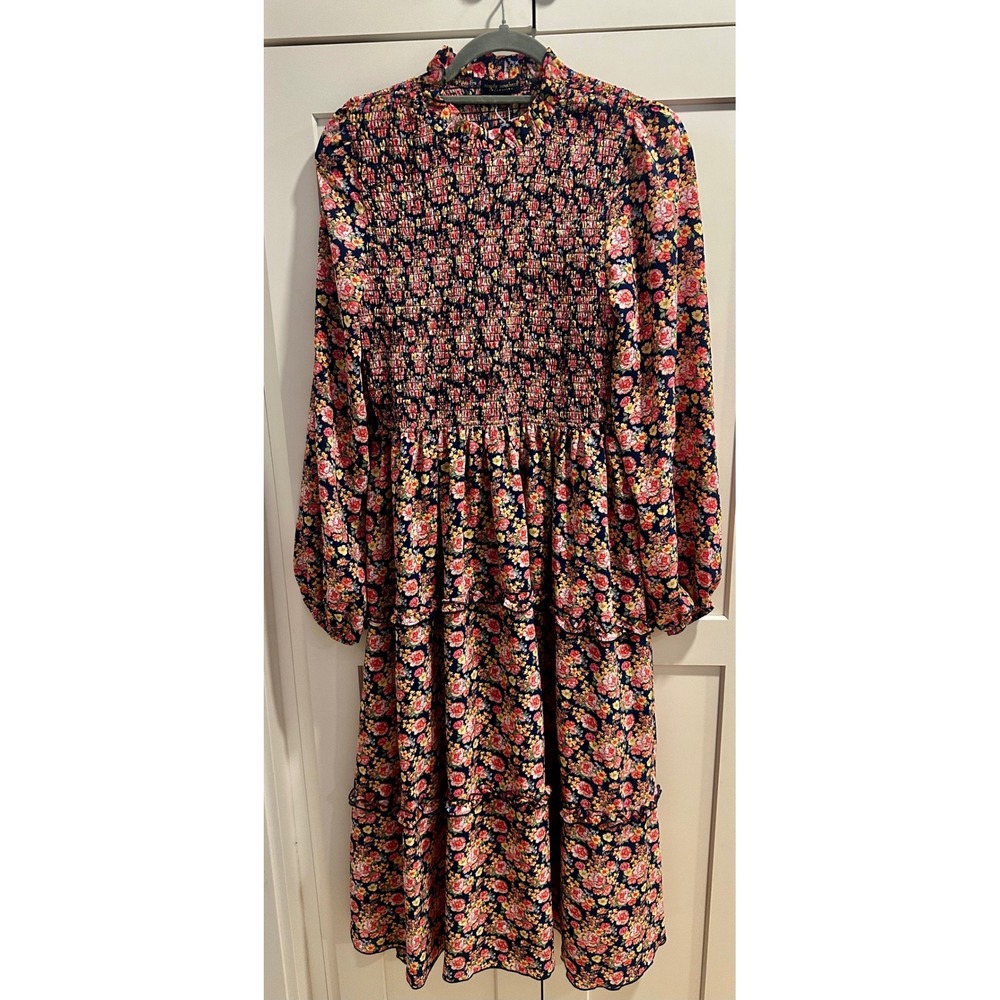 Simply Southern Navy Floral Smocked Mock Neck Tiered Maxi Dress Large NWT